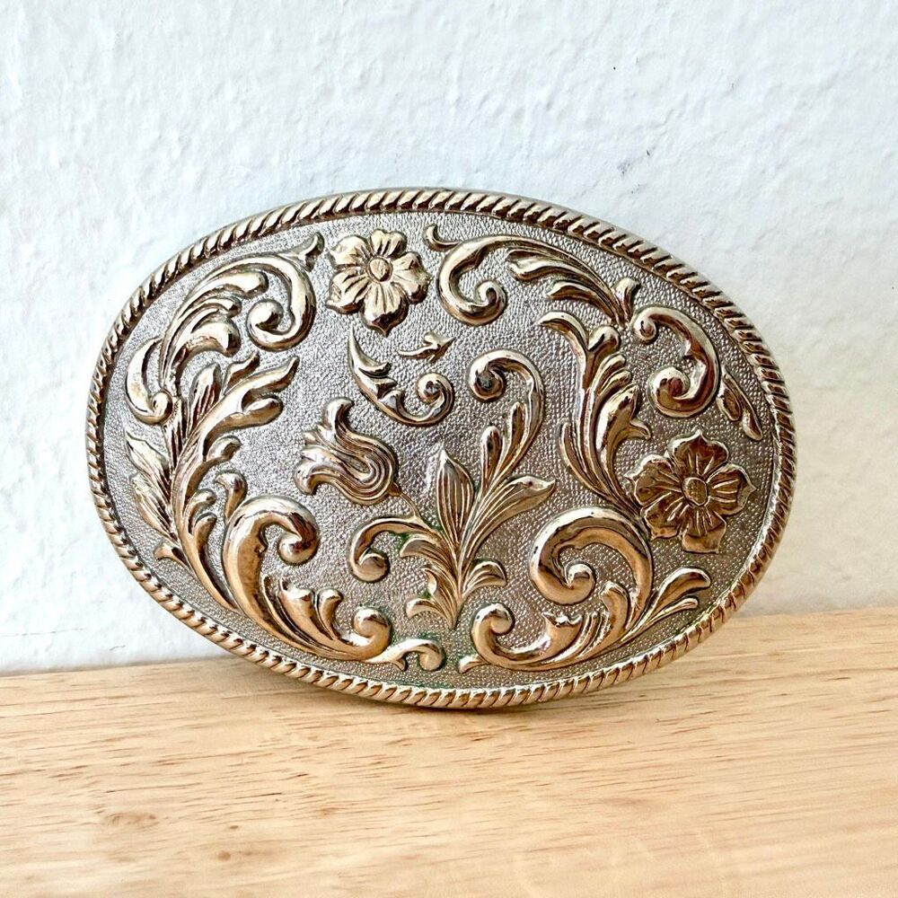 Vintage 24K Gold Plated Rodeo Western Belt Buckle Floral Design - Picture 2 of 7